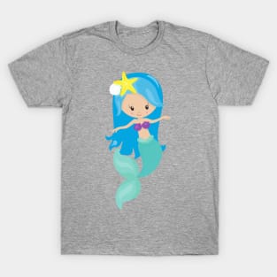 Cute Mermaid, Little Mermaid, Blue Hair, Starfish T-Shirt